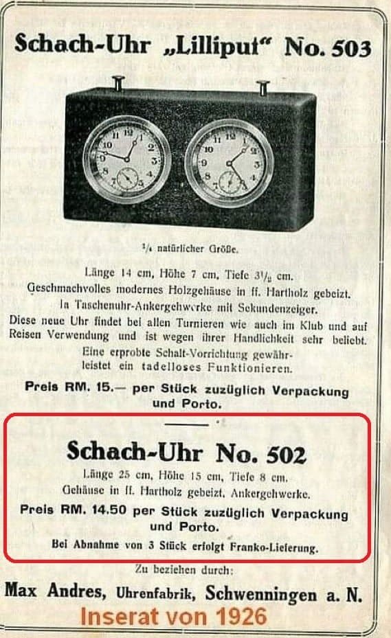 1926 Max Andres advertisement for Alpha chess clocks, including Models 503 and 502.
