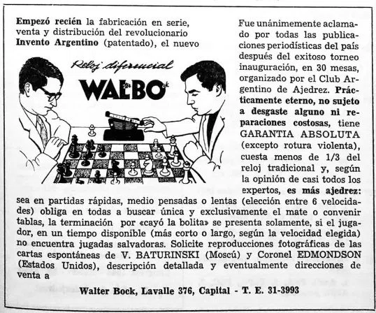Contemporary Walbo advertisement describing the Argentine differential chess clock.