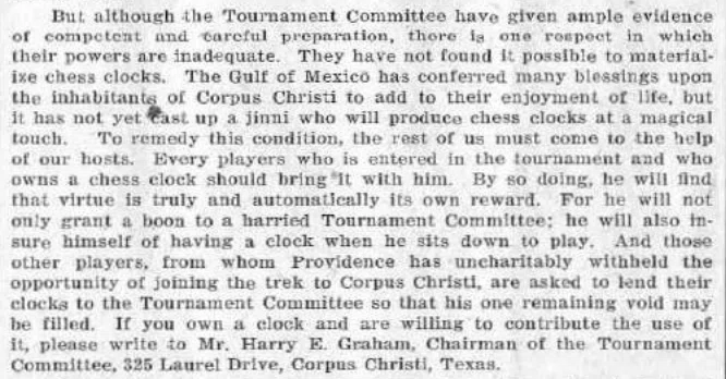 Tournament committee discussion of electric-clock supply