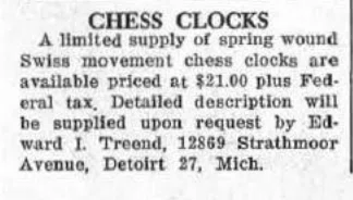 Advertisement for spring-wound Swiss-movement chess clocks