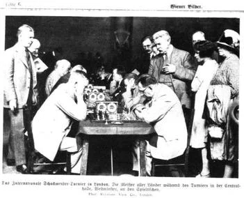 Press photograph of an international chess masters’ tournament in London, from Wiener Bilder