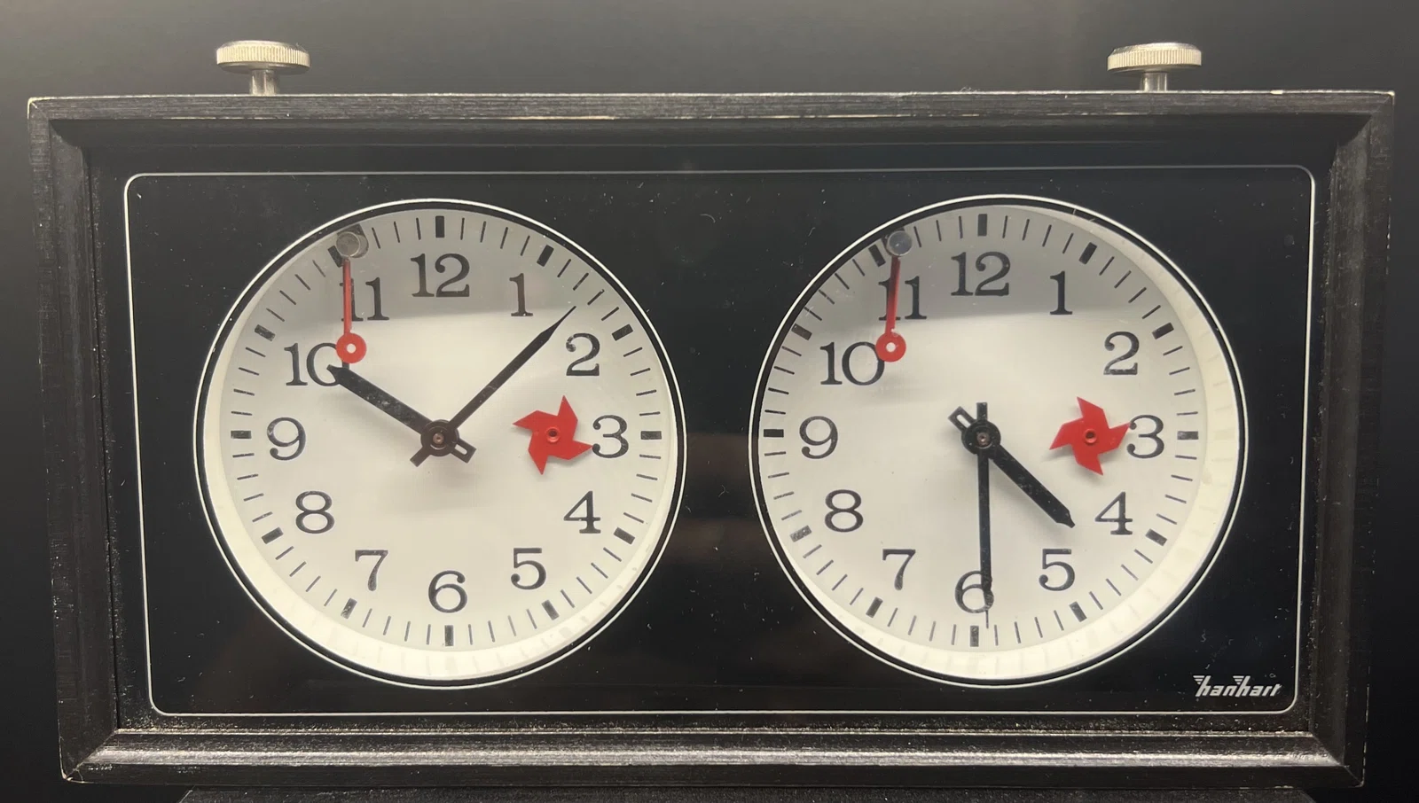 Hanhart-branded Gambit chess clock in a black case