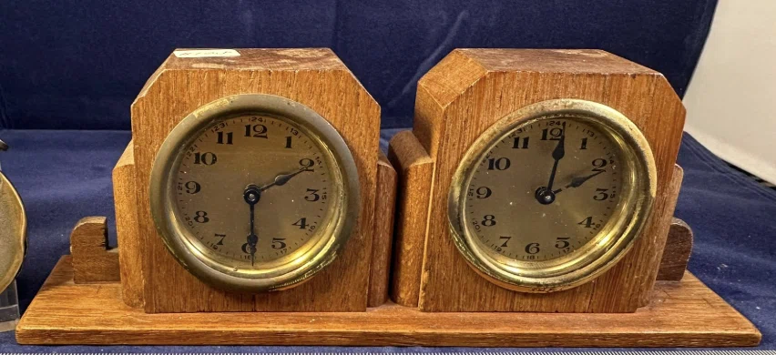 Unidentified wooden twin-dial chess clock with round brass-bezel dials